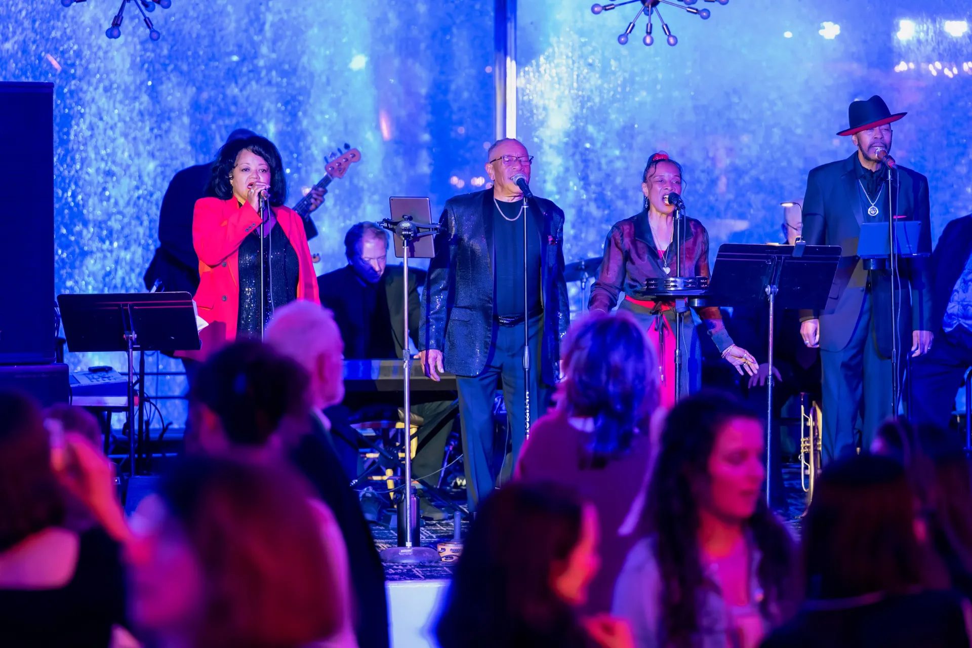 Company party venue in Detroit with guests filling the riverfront ballroom