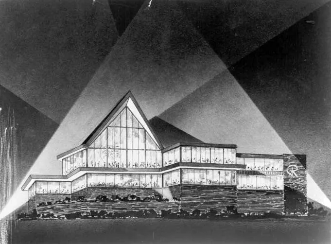 Charcoal presentation rendering of the proposed Roostertail at night, spotlit, showing a peaked glass gable above stepped glass wings on a stone base.